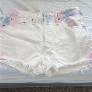 Levi's White Denim Cutoff Shorts with Pink & Blue Tie-Dye Accents
